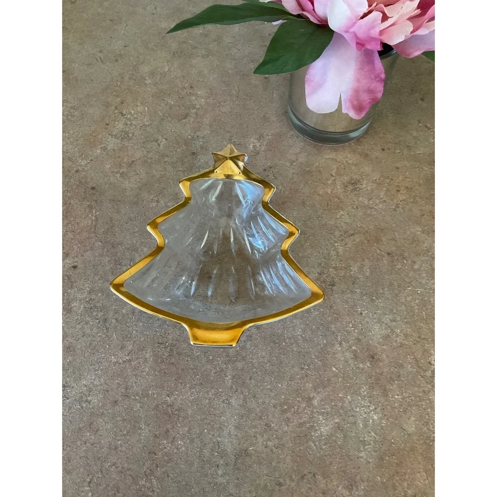 Gold Trimmed Christmas Tree Glass Candy Dish Star Topper Holiday Serving Bowl